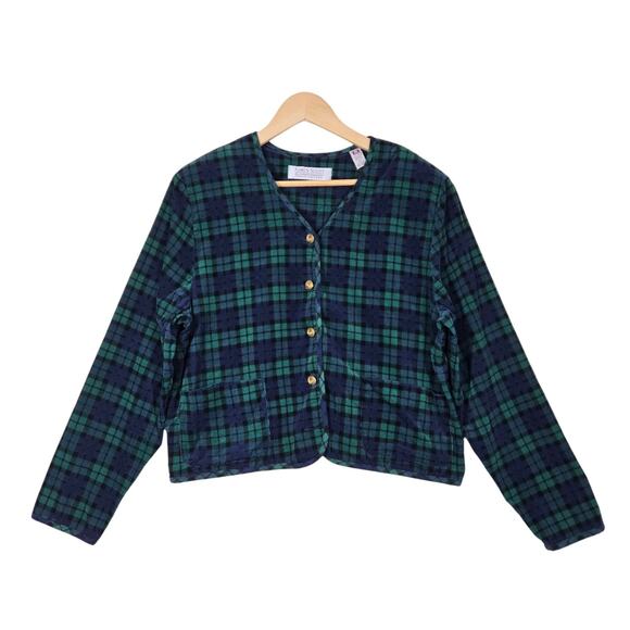 VTG Black Watch Tartan Plaid 100% Cotton Corduroy Jacket sz L Blue Green Preppy - Picture 1 of 13